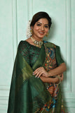 Vsaree Green Tussar Print Saree with  Kalamkari Print and soft zari pallu with Contrast Blouse