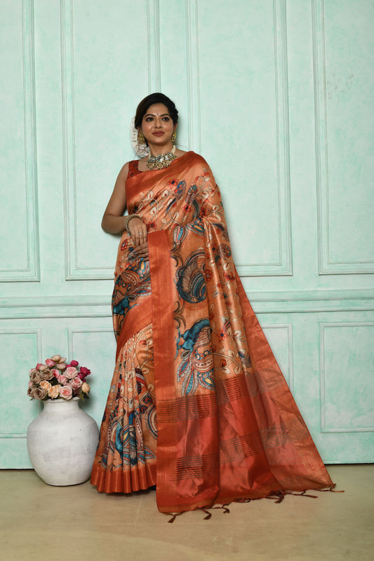 Vsaree Orange Tussar Print Saree with  Kalamkari Print and soft zari pallu with Contrast Blouse