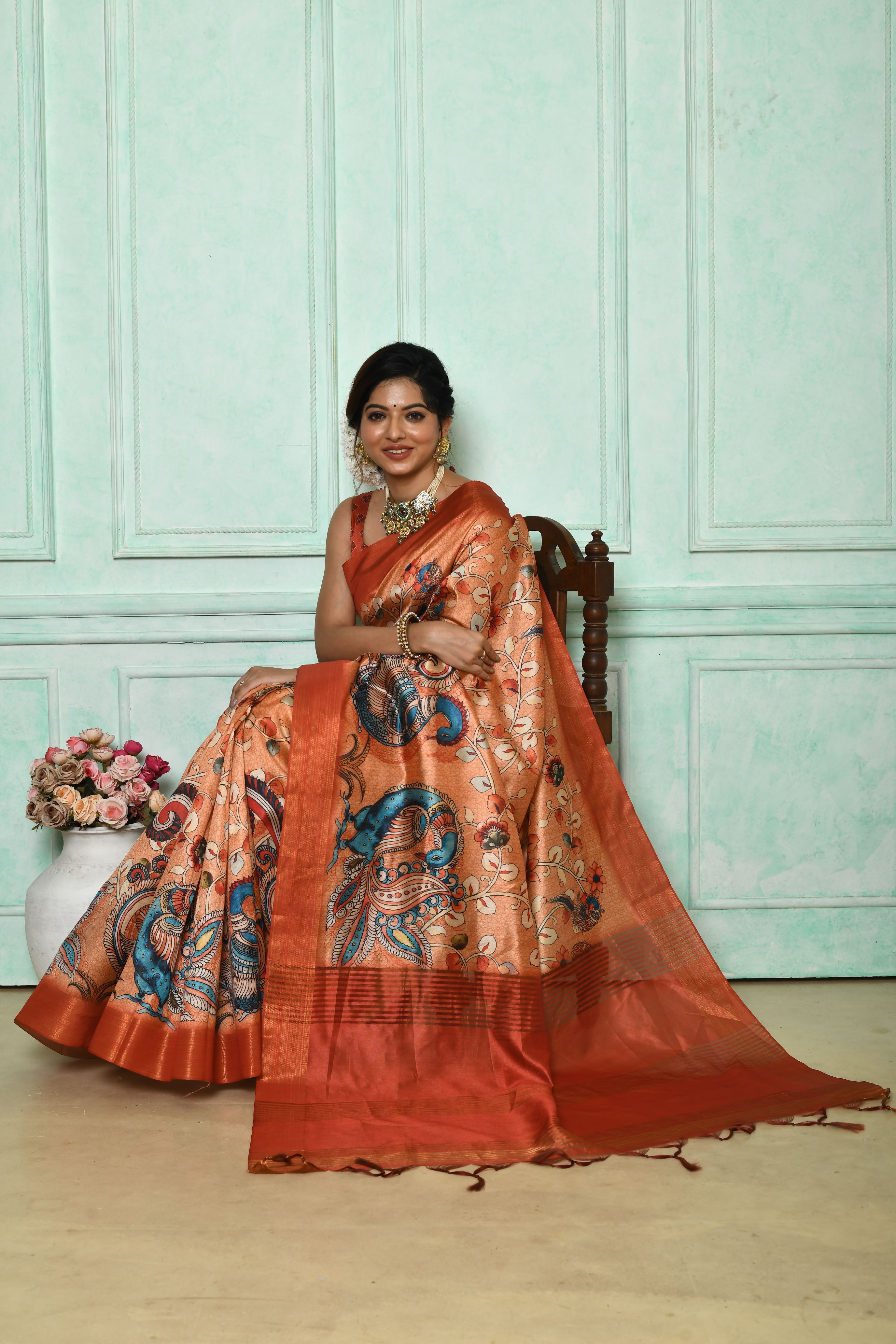 Vsaree Orange Tussar Print Saree with  Kalamkari Print and soft zari pallu with Contrast Blouse