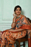 Vsaree Orange Tussar Print Saree with  Kalamkari Print and soft zari pallu with Contrast Blouse