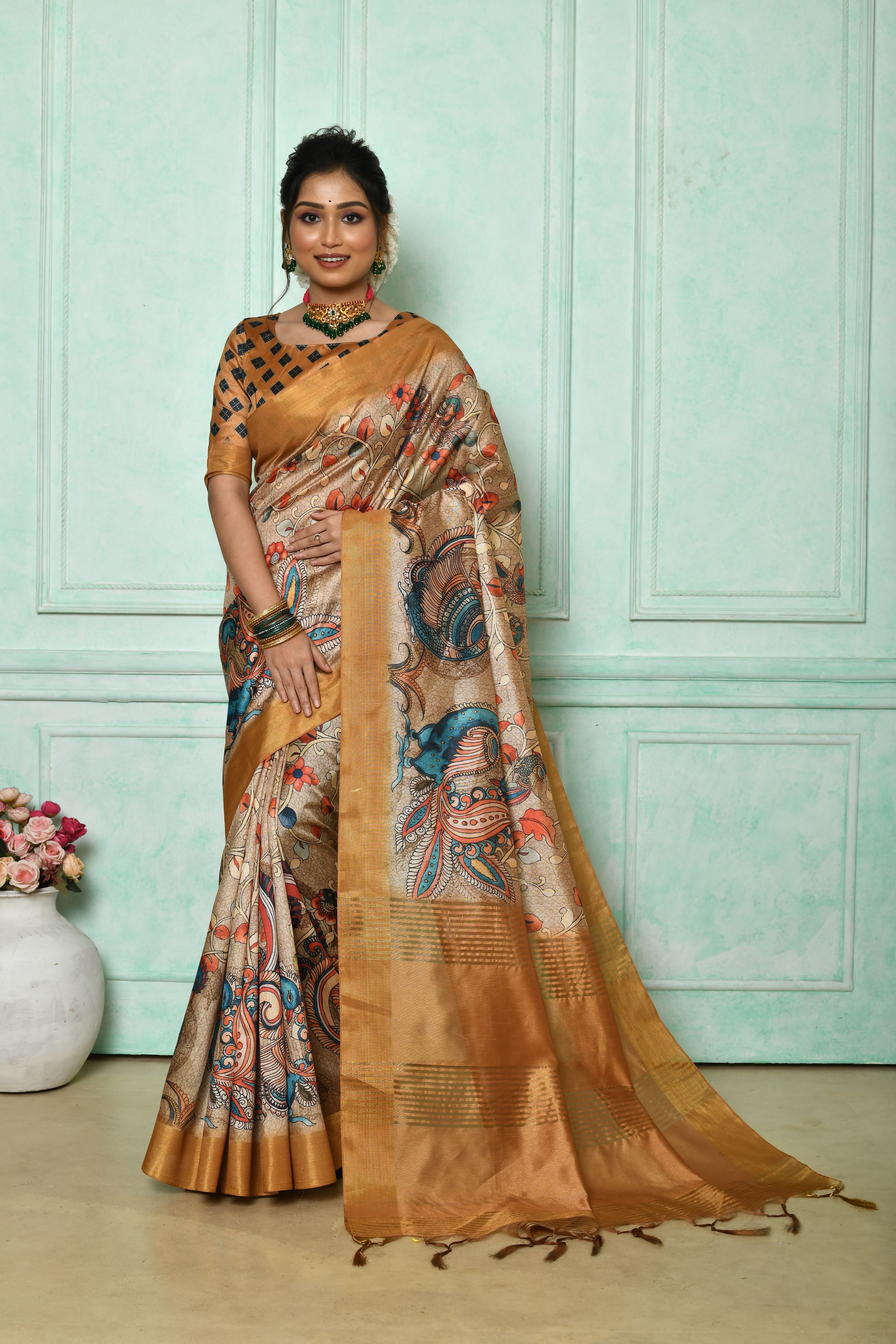 Vsaree Yellow Tussar Print Saree with  Kalamkari Print and soft zari pallu with Contrast Blouse