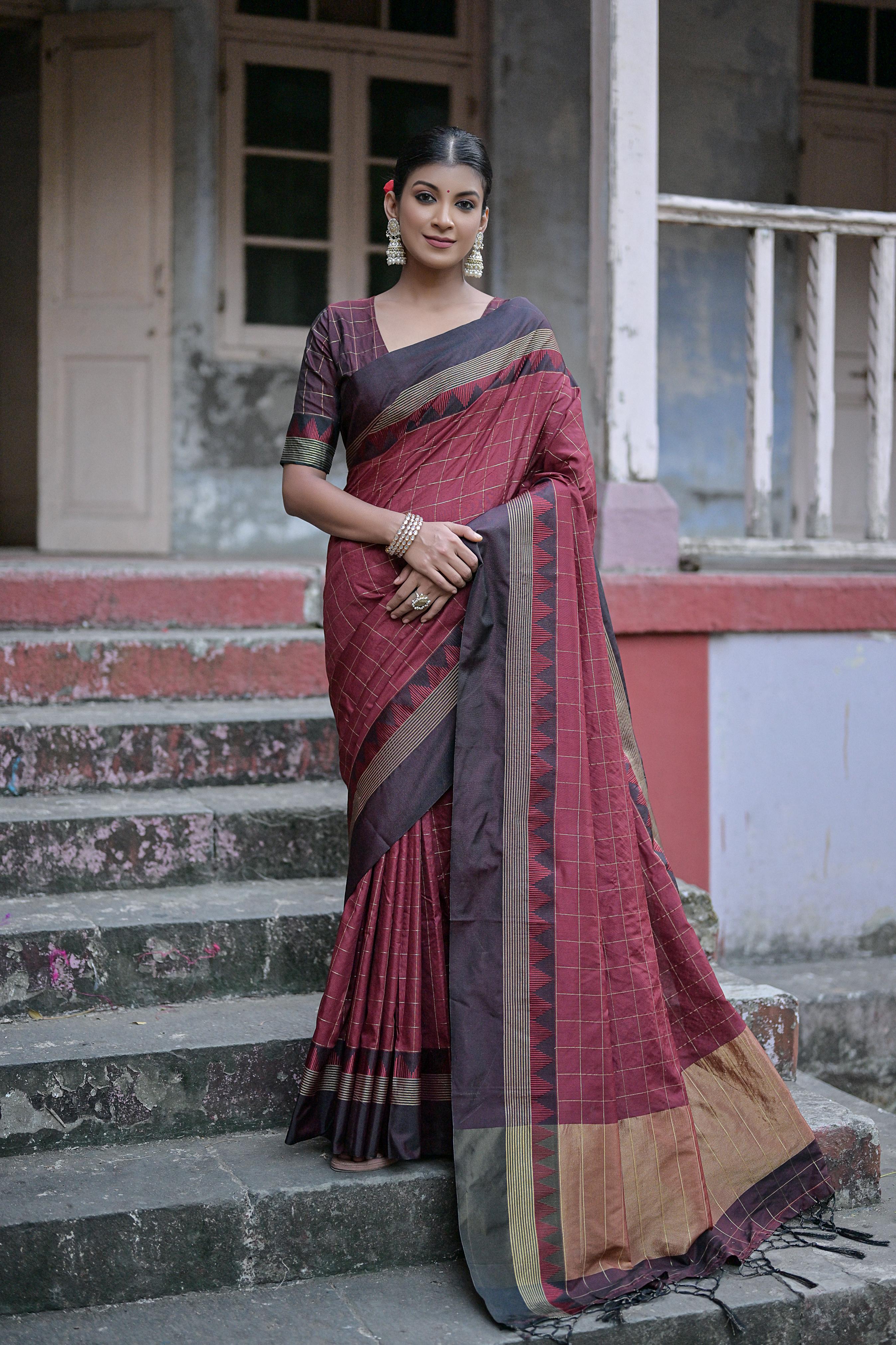 Vsaree Maroon Raw Silk Saree With Rich Pallu and Contrast Blouse Piece For Women