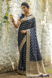 Vsaree Navy Blue Katan Silk Saree With zari weaving pallu Or Border And Blouse