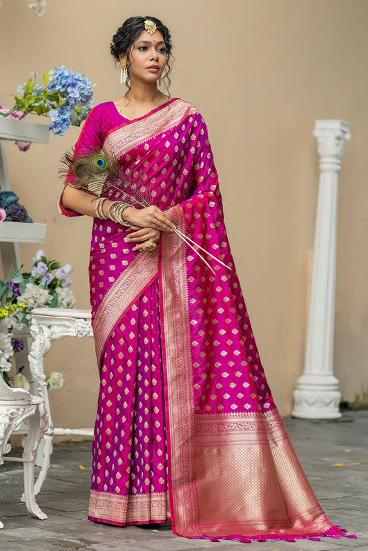 Vsaree Pink Katan Silk Saree With zari weaving pallu Or Border And Blouse