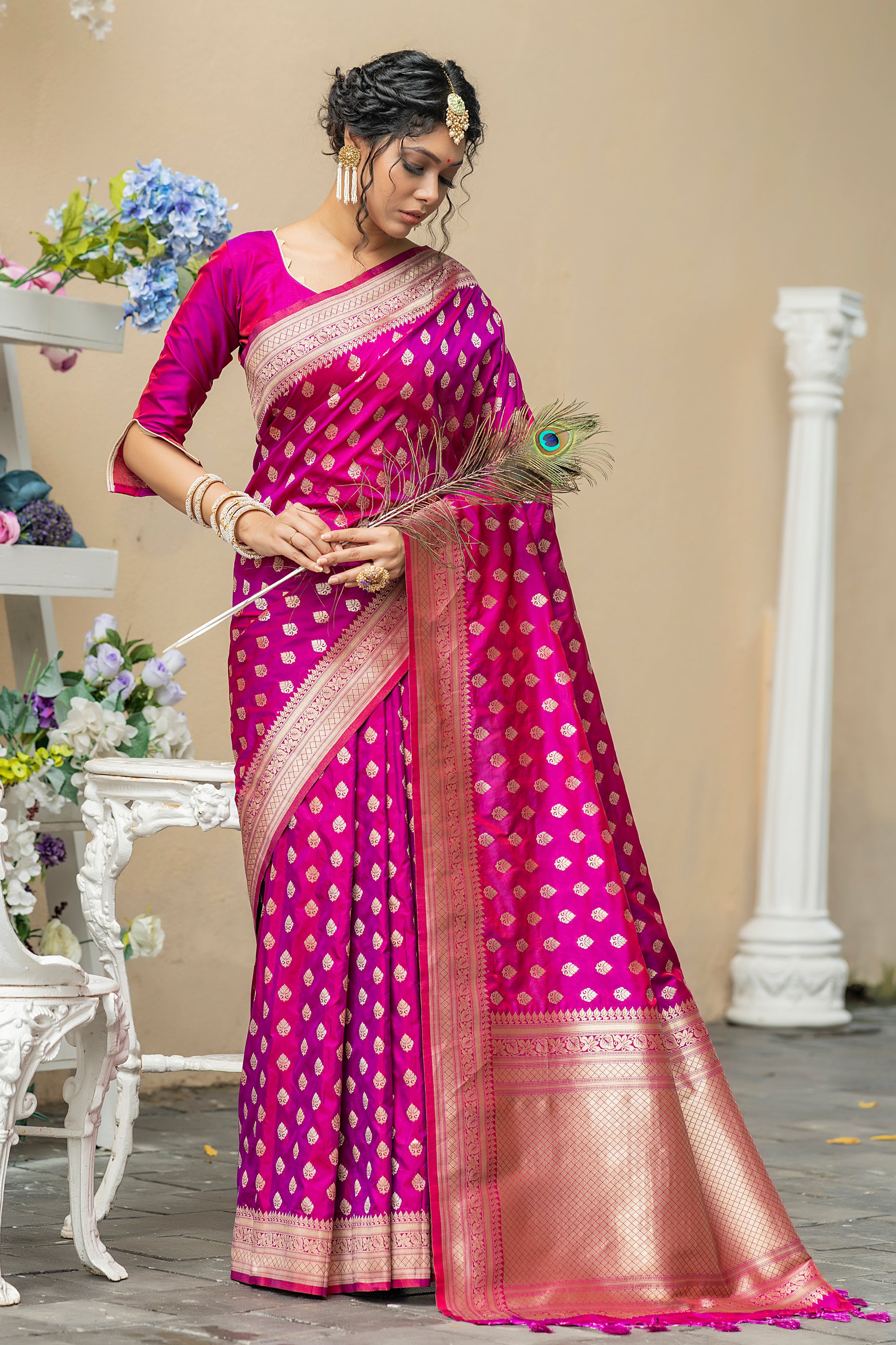 Vsaree Pink Katan Silk Saree With zari weaving pallu Or Border And Blouse