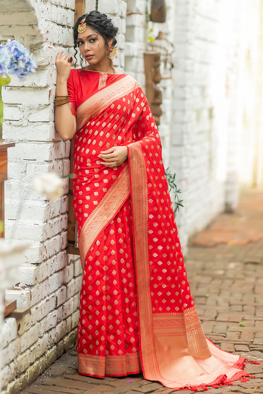 Vsaree Red Katan Silk Saree With zari weaving pallu Or Border And Blouse