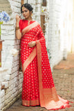 Vsaree Red Katan Silk Saree With zari weaving pallu Or Border And Blouse