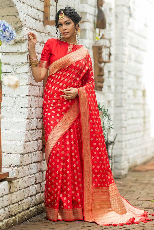 Vsaree Red Katan Silk Saree With zari weaving pallu Or Border And Blouse