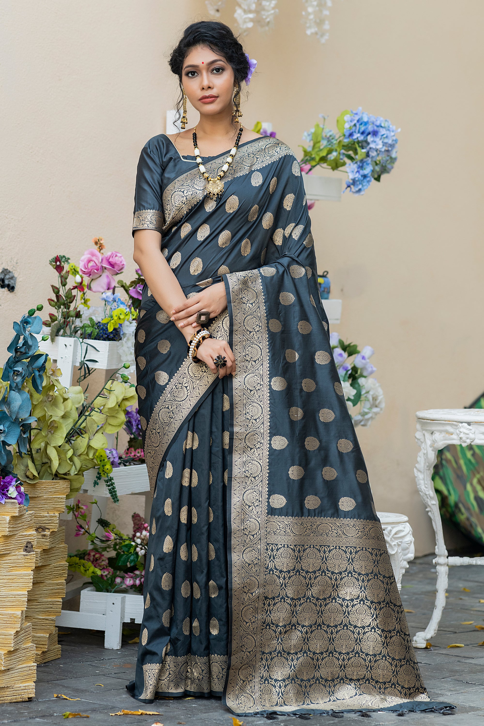 Vsaree Black Katan Silk Saree With zari weaving pallu Or Border And Blouse