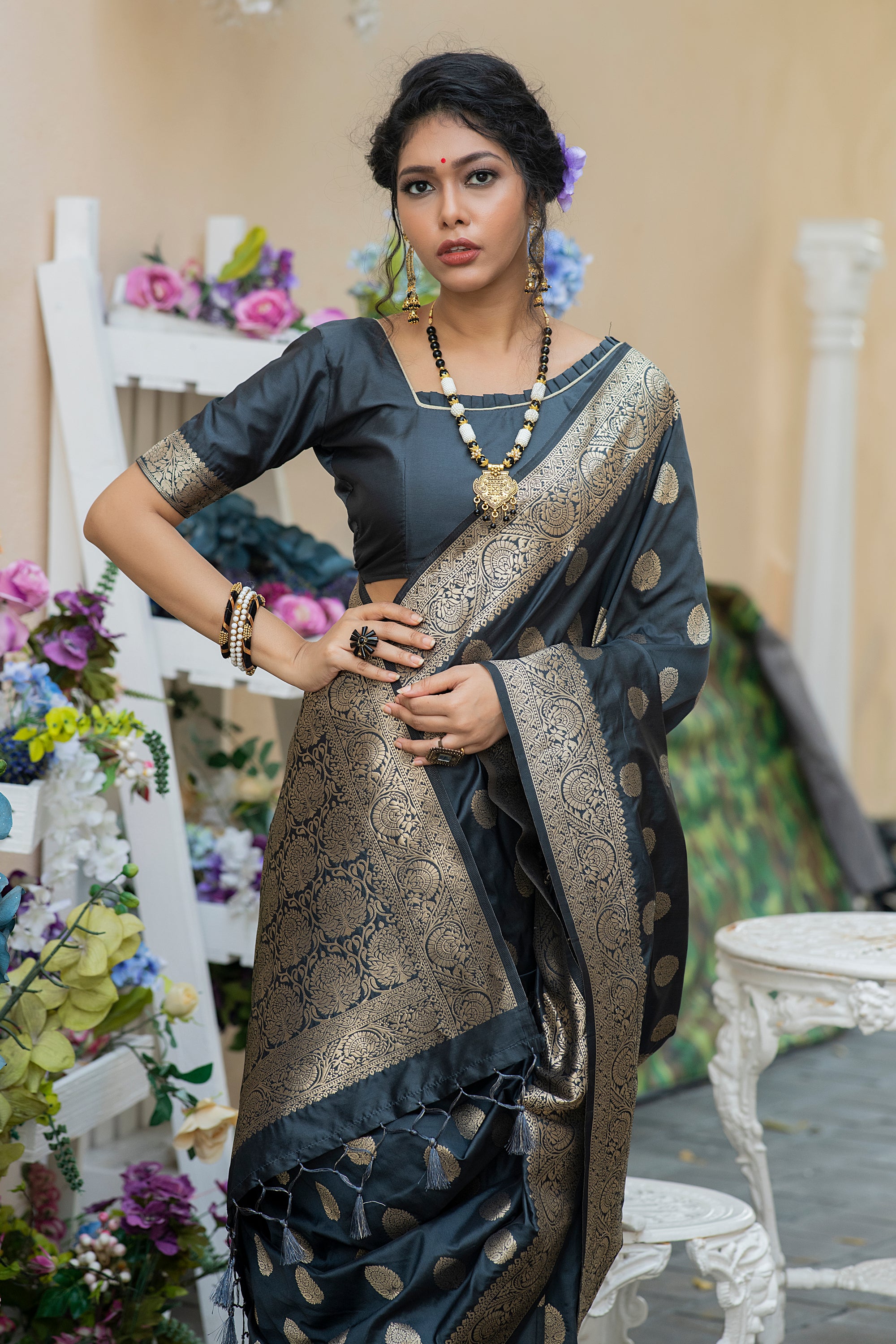 Vsaree Black Katan Silk Saree With zari weaving pallu Or Border And Blouse