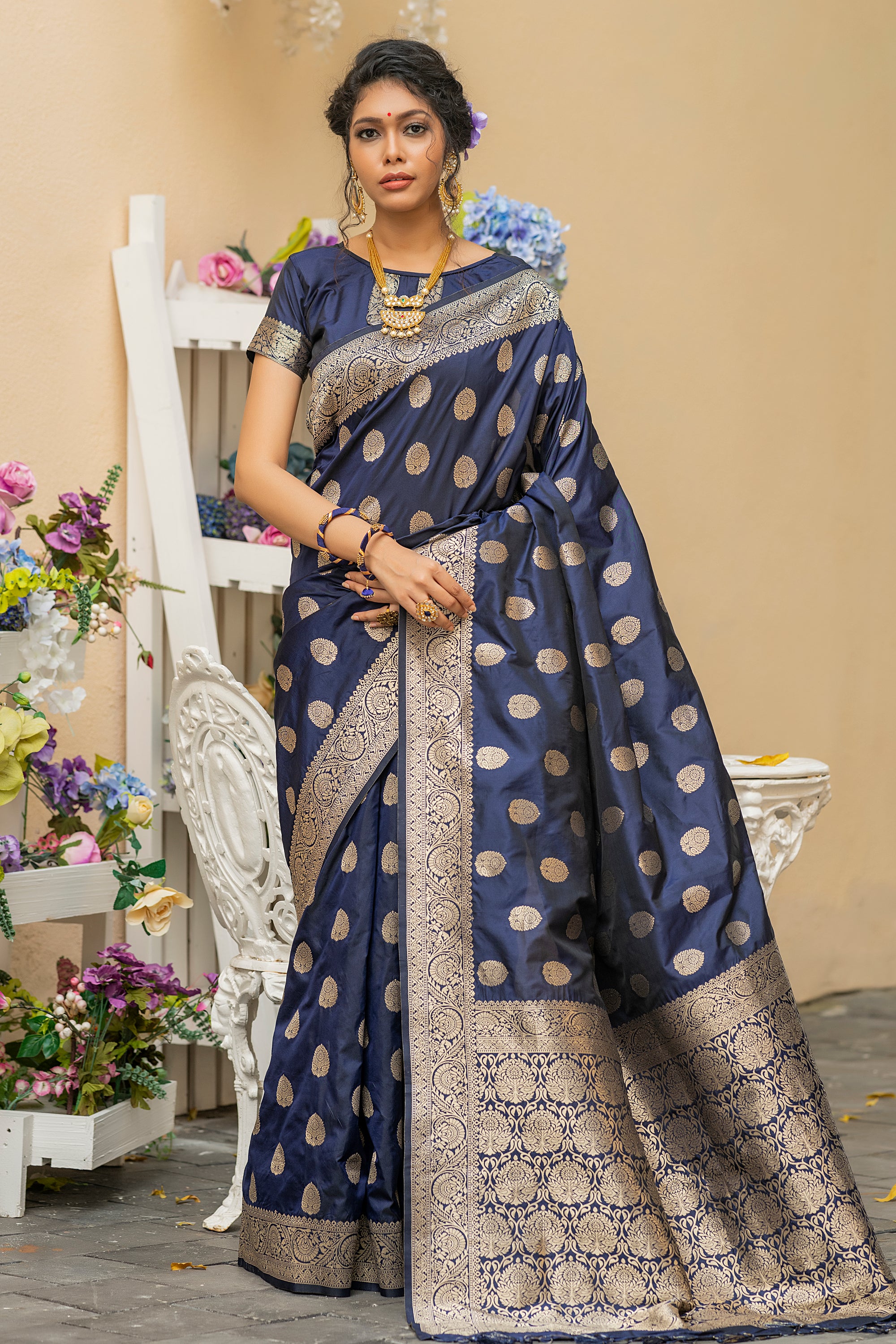 Vsaree Navy Blue Katan Silk Saree With zari weaving pallu Or Border And Blouse