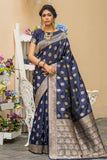 Vsaree Navy Blue Katan Silk Saree With zari weaving pallu Or Border And Blouse