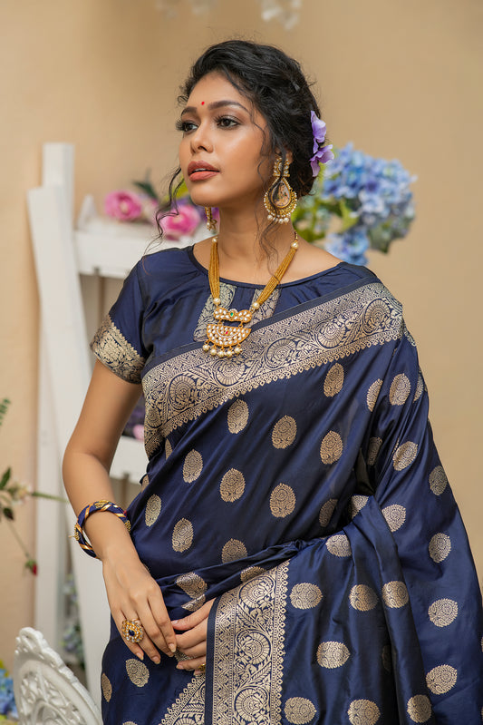 Vsaree Navy Blue Katan Silk Saree With zari weaving pallu Or Border And Blouse