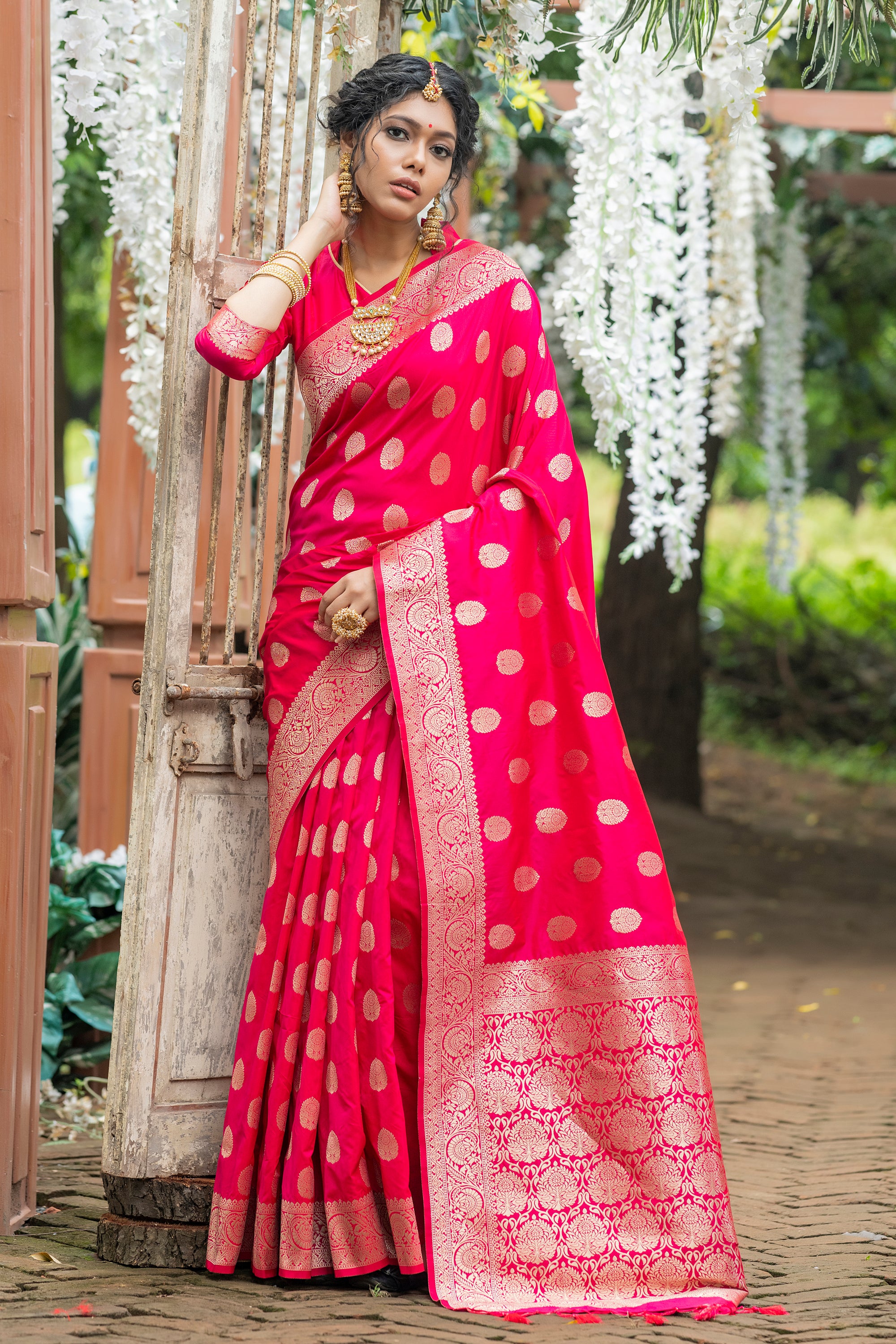 Vsaree Rani Pink Katan Silk Saree With zari weaving pallu Or Border And Blouse