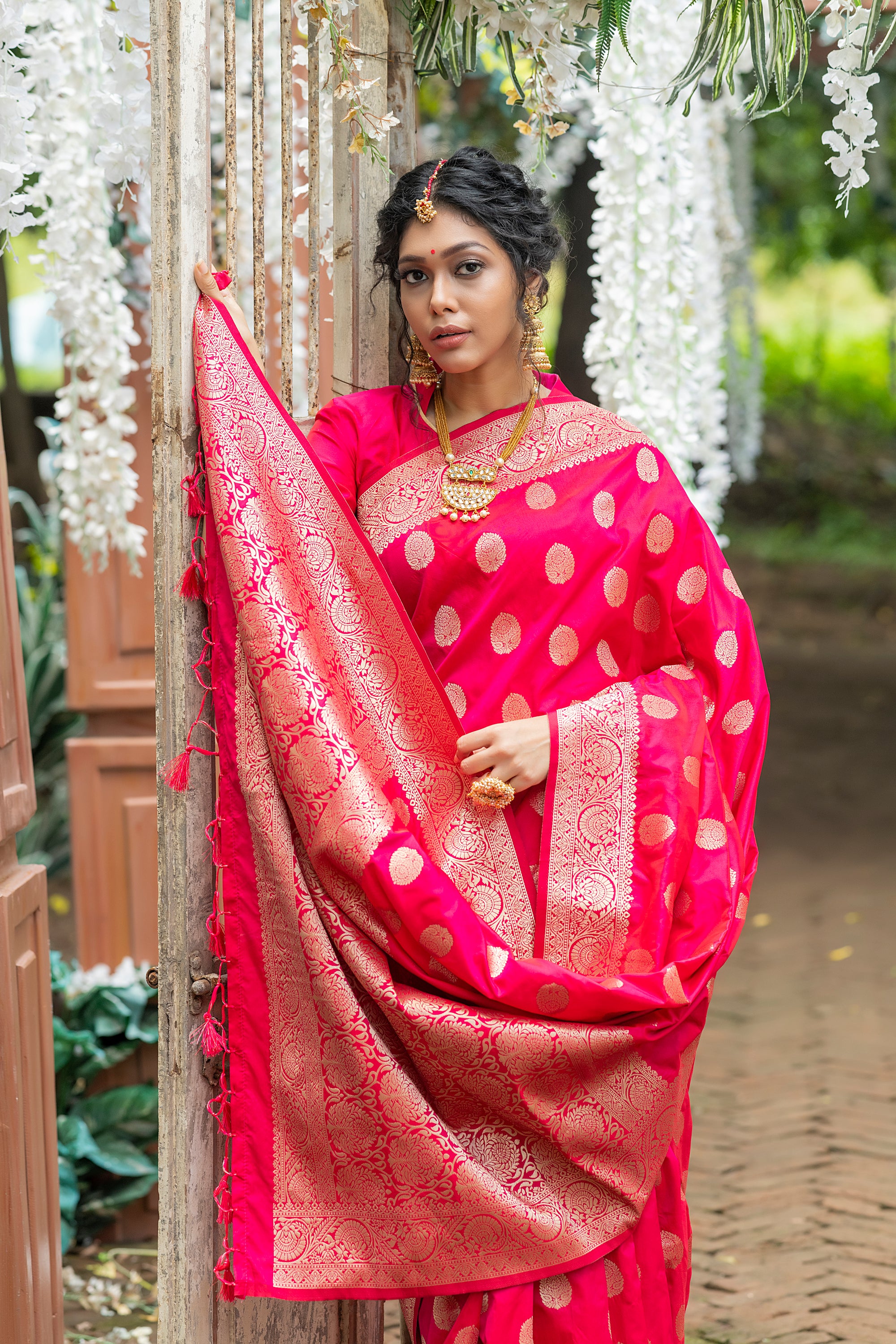 Vsaree Rani Pink Katan Silk Saree With zari weaving pallu Or Border And Blouse