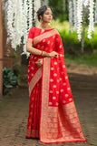 Vsaree Red Katan Silk Saree With zari weaving pallu Or Border And Blouse