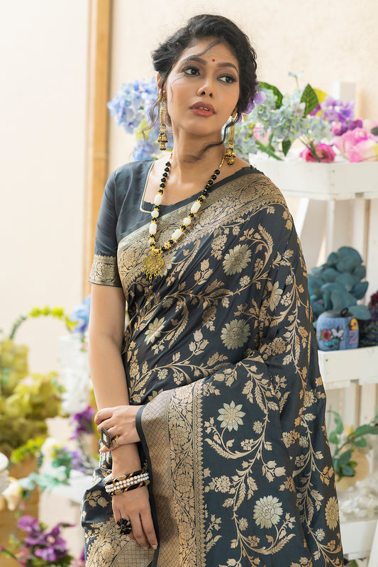 Vsaree Black Katan Silk Saree With zari weaving pallu Or Border And Blouse