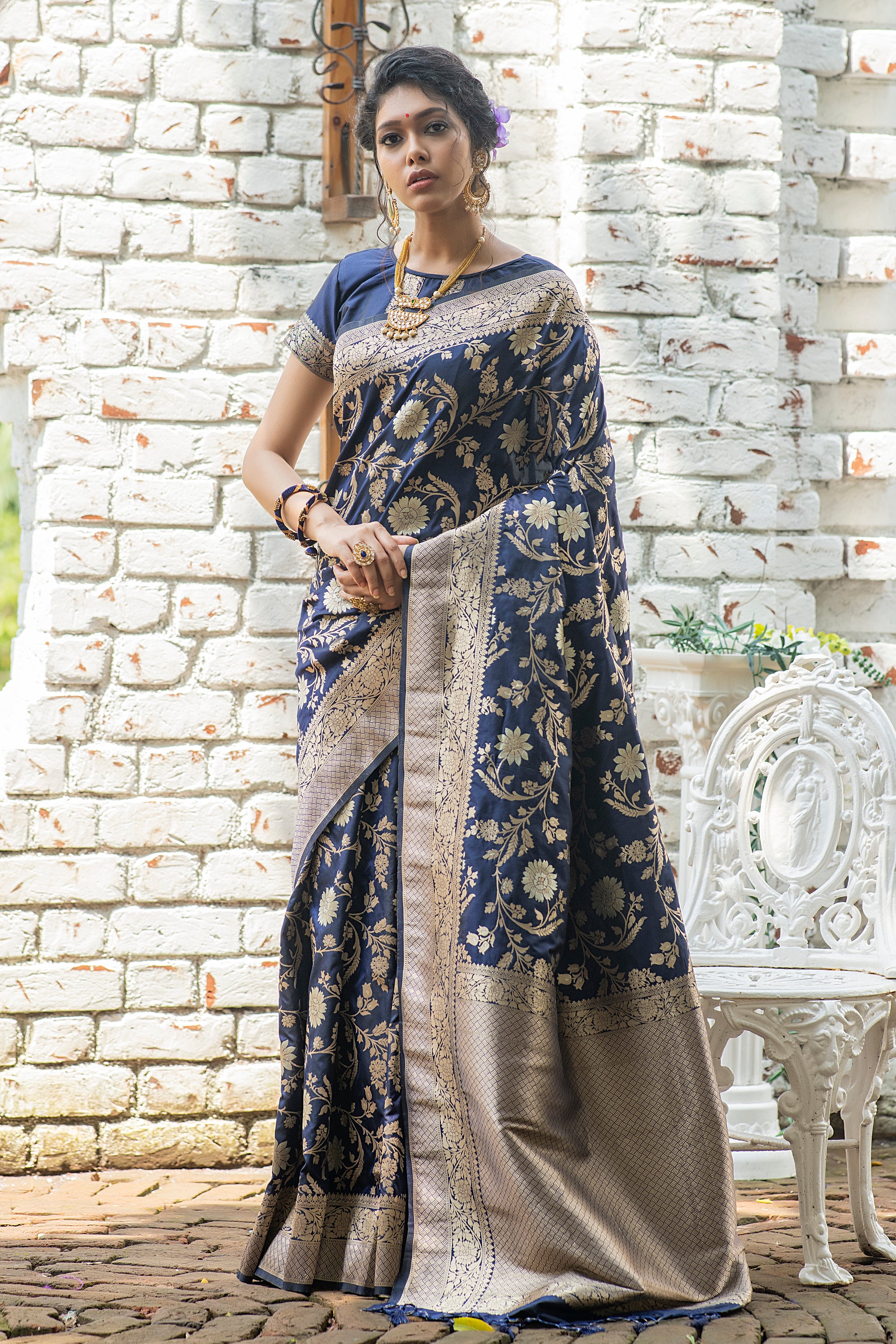 Vsaree Navy Blue Katan Silk Saree With zari weaving pallu Or Border And Blouse