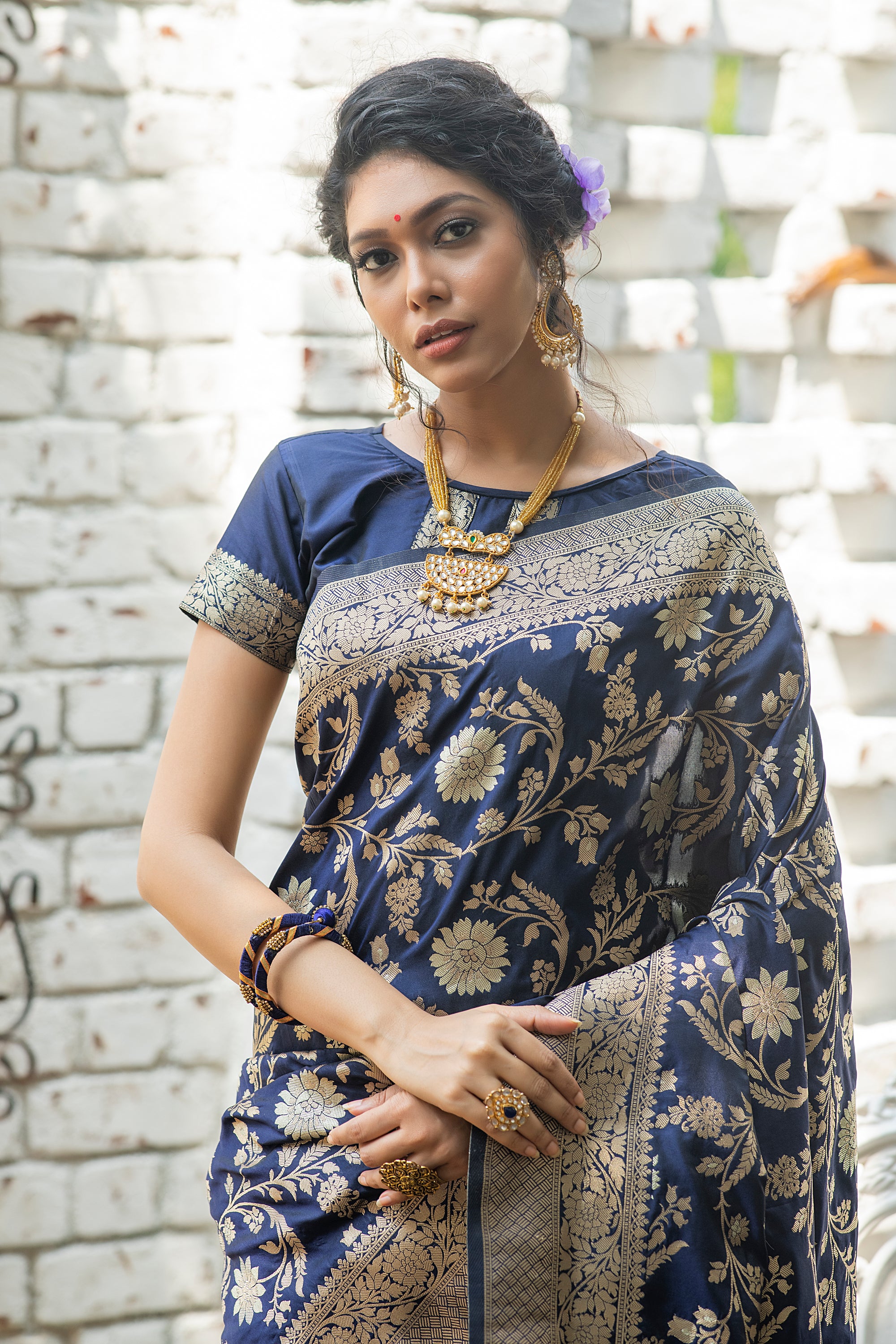 Vsaree Navy Blue Katan Silk Saree With zari weaving pallu Or Border And Blouse