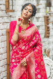 Vsaree Rani Pink Katan Silk Saree With zari weaving pallu Or Border And Blouse