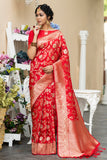 Vsaree Red Katan Silk Saree With zari weaving pallu Or Border And Blouse