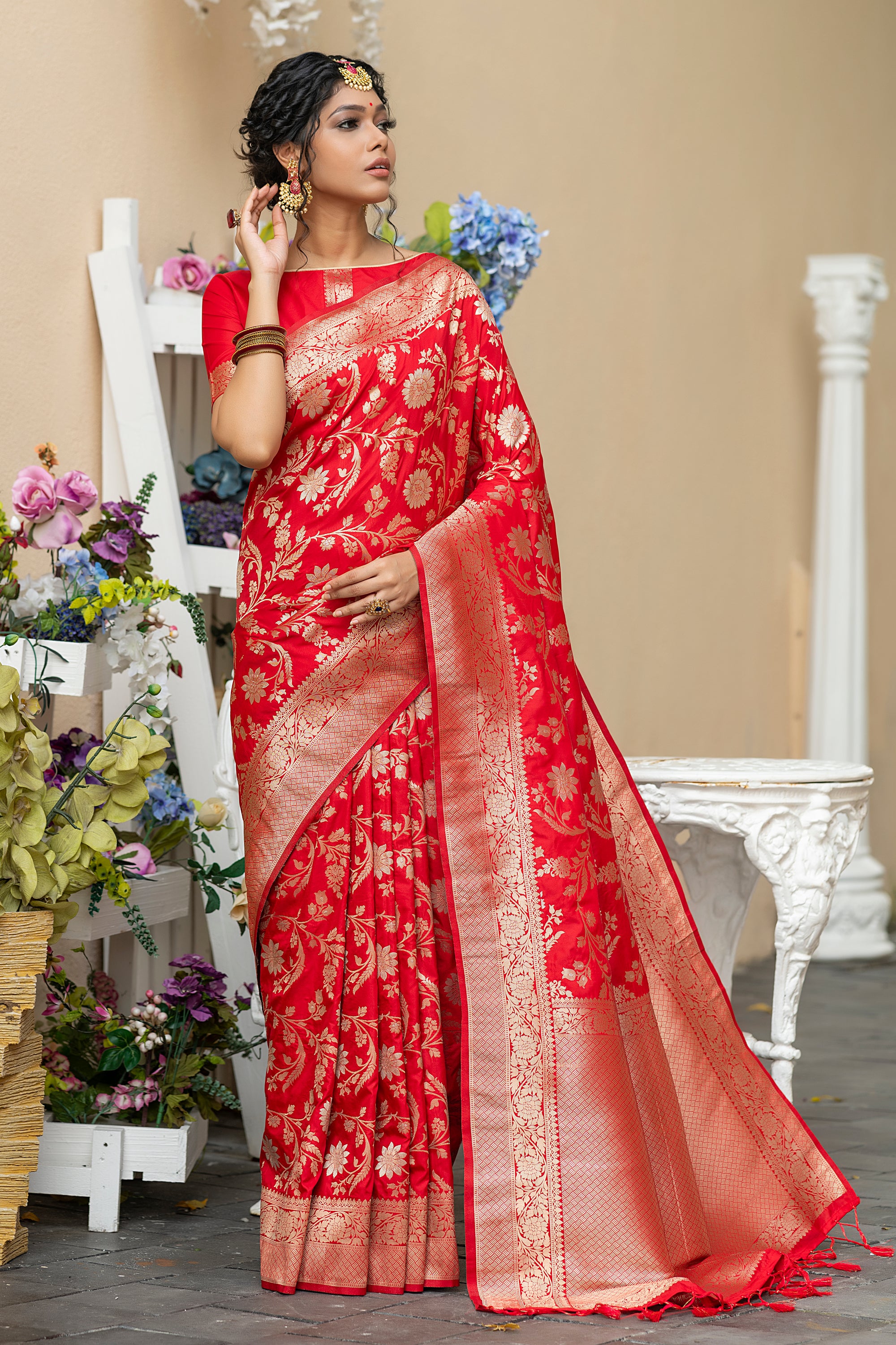 Vsaree Red Katan Silk Saree With zari weaving pallu Or Border And Blouse