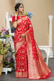 Vsaree Red Katan Silk Saree With zari weaving pallu Or Border And Blouse