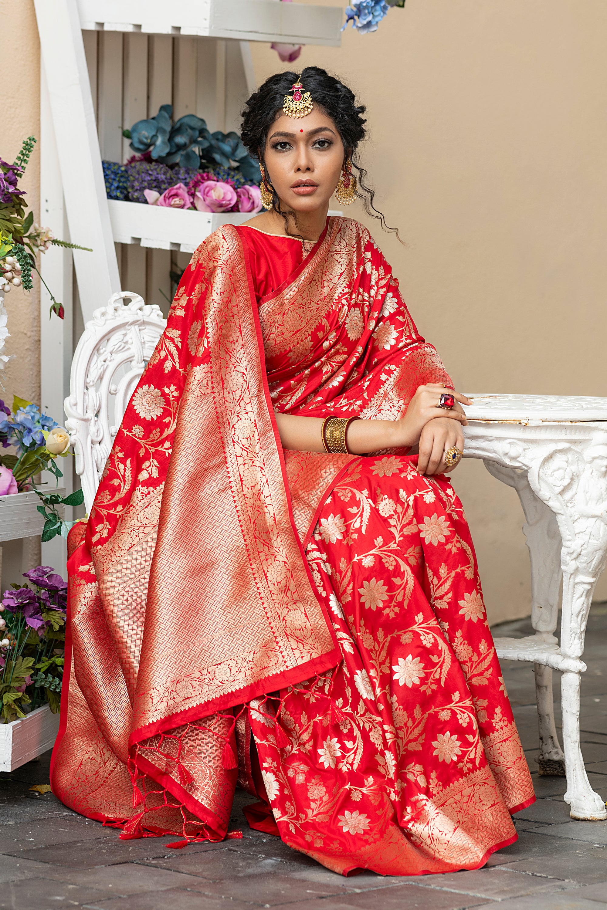 Vsaree Red Katan Silk Saree With zari weaving pallu Or Border And Blouse