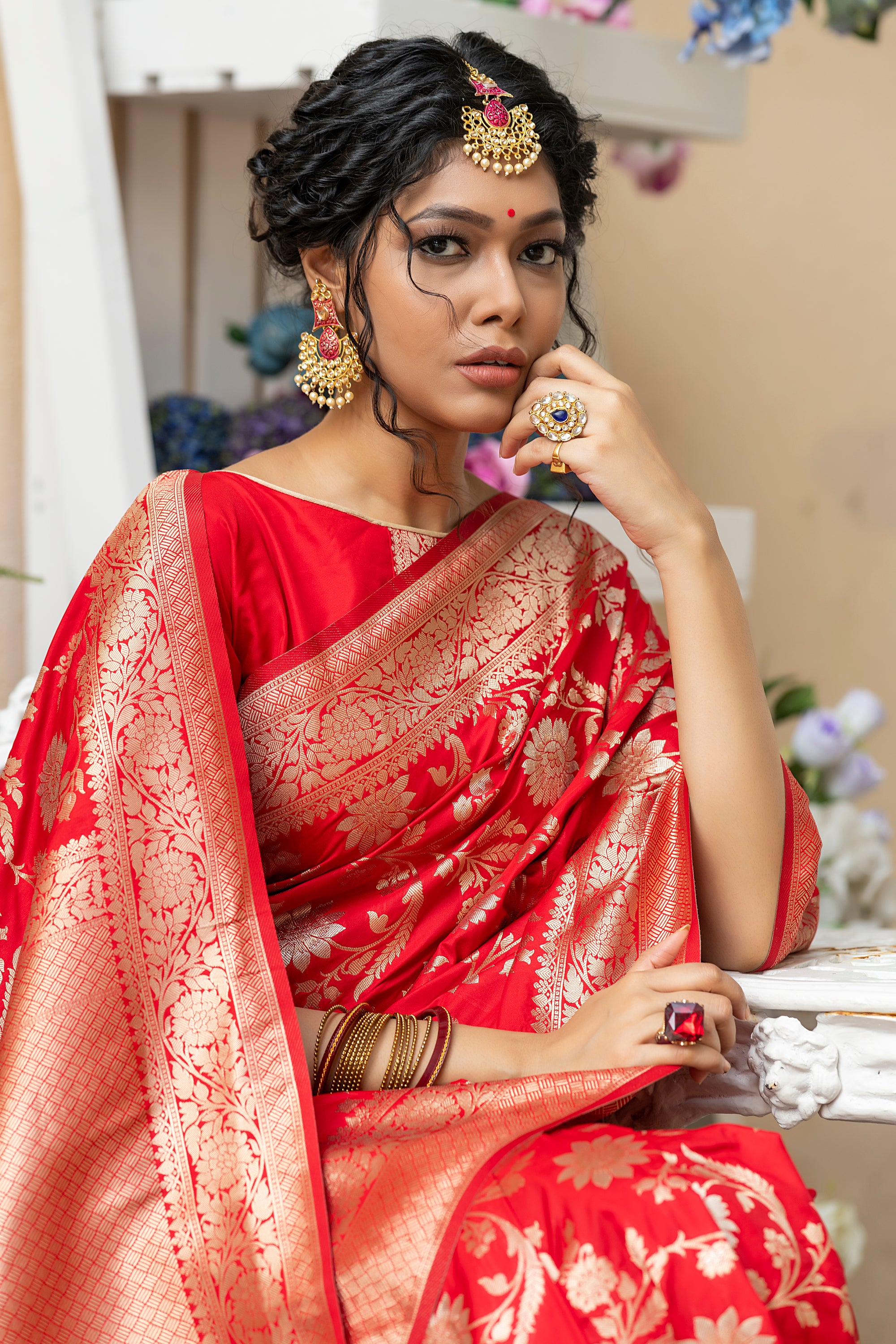 Vsaree Red Katan Silk Saree With zari weaving pallu Or Border And Blouse