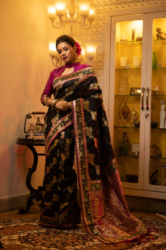 Vsaree Black Soft Banarasi Silk Saree Contrast border With Gorgeous Weaving Pallu  And Contrast Blouse Piece