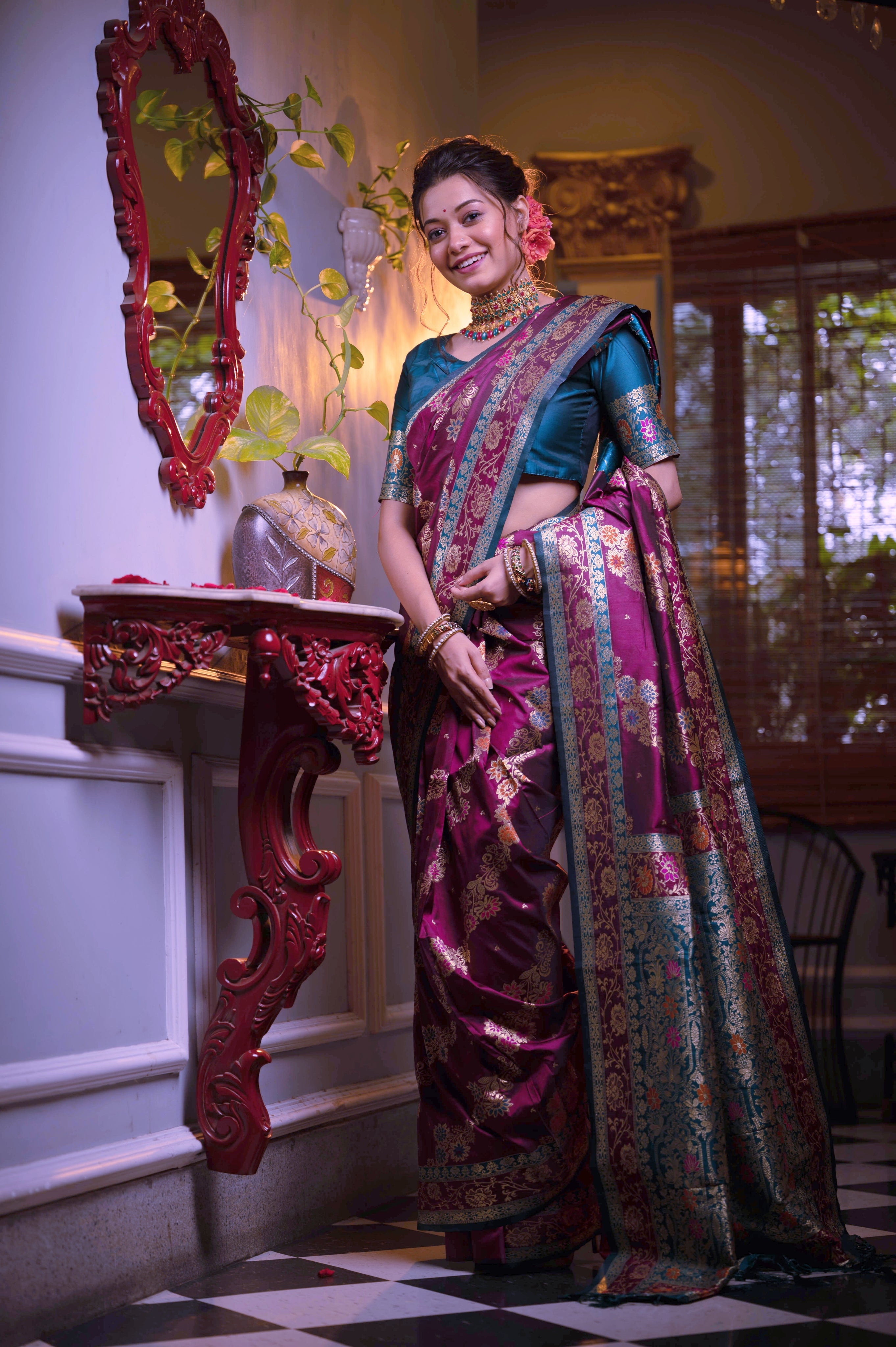 Vsaree Rani Pink Soft Banarasi Silk Saree Contrast border With Gorgeous Weaving Pallu  And Contrast Blouse Piece