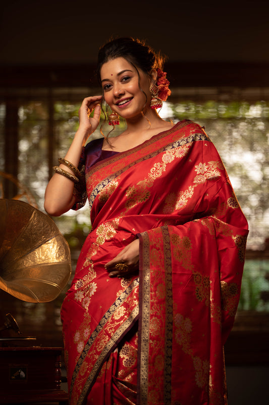 Vsaree Red Soft Banarasi Silk Saree Contrast border With Gorgeous Weaving Pallu  And Contrast Blouse Piece