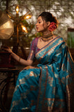 Vsaree Teal Soft Banarasi Silk Saree Contrast border With Gorgeous Weaving Pallu  And Contrast Blouse Piece