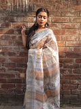 Vsaree Grey Tussar Silk Saree With Leriya Print And Zari Border With Kalamkari Pallu With Blouse