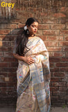 Vsaree Grey Tussar Silk Saree With Leriya Print And Zari Border With Kalamkari Pallu With Blouse