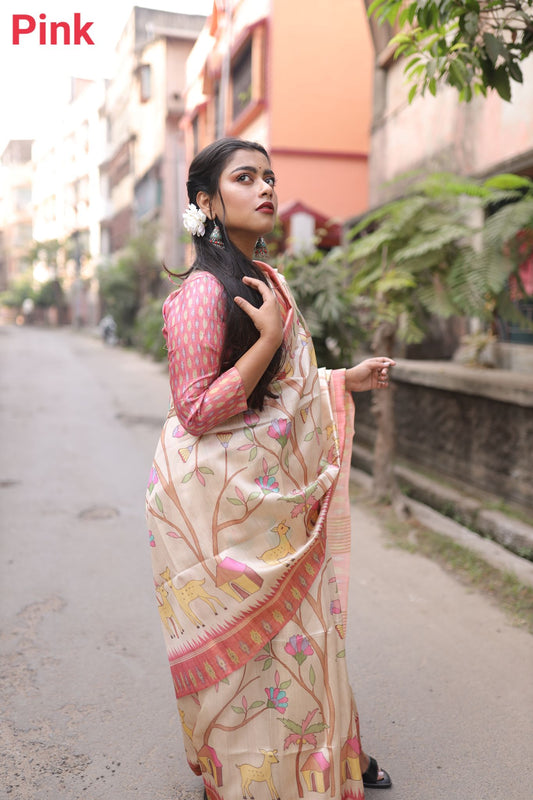 Vsaree Pink Tussar Silk Saree With Leriya Print And Zari Border With Kalamkari Pallu With Blouse