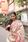 Vsaree Pink Tussar Silk Saree With Leriya Print And Zari Border With Kalamkari Pallu With Blouse