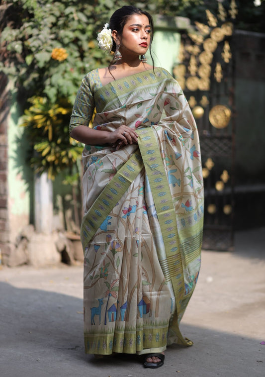 Vsaree Sea Green Tussar Silk Saree With Leriya Print And Zari Border With Kalamkari Pallu With Blouse