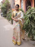 Vsaree Yellow Tussar Silk Saree With Leriya Print And Zari Border With Kalamkari Pallu With Blouse