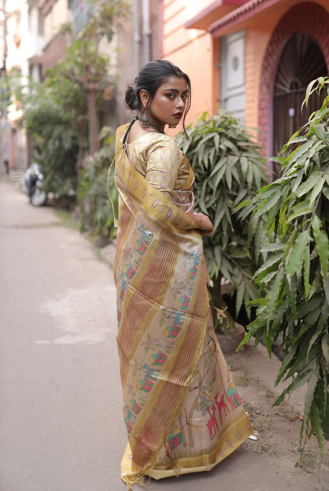 Vsaree Yellow Tussar Silk Saree With Leriya Print And Zari Border With Kalamkari Pallu With Blouse