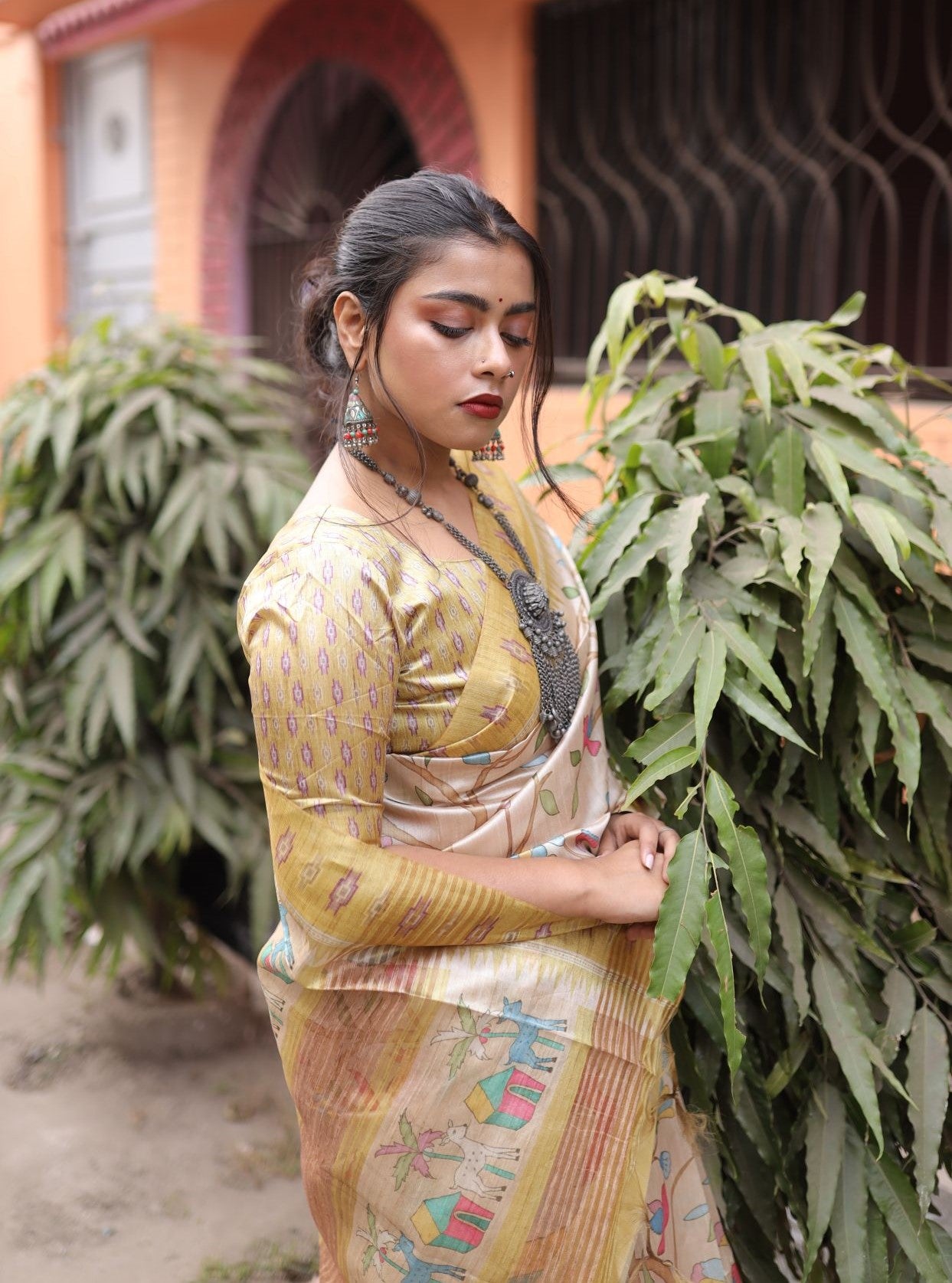 Vsaree Yellow Tussar Silk Saree With Leriya Print And Zari Border With Kalamkari Pallu With Blouse