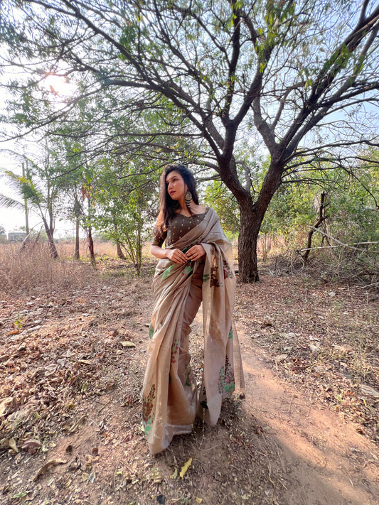 Vsaree Grey Muga Cotton Saree With Unique Floral Weaving Pattern With Small Zari Patta On Pallu With Blouse