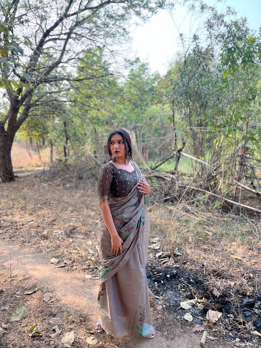 Vsaree Grey Muga Cotton Saree With Unique Floral Weaving Pattern With Small Zari Patta On Pallu With Blouse