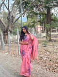 Vsaree Pink Muga Cotton Saree With Unique Floral Weaving Pattern With Small Zari Patta On Pallu With Blouse