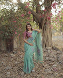 Vsaree Teal Muga Cotton Saree With Unique Floral Weaving Pattern With Small Zari Patta On Pallu With Blouse