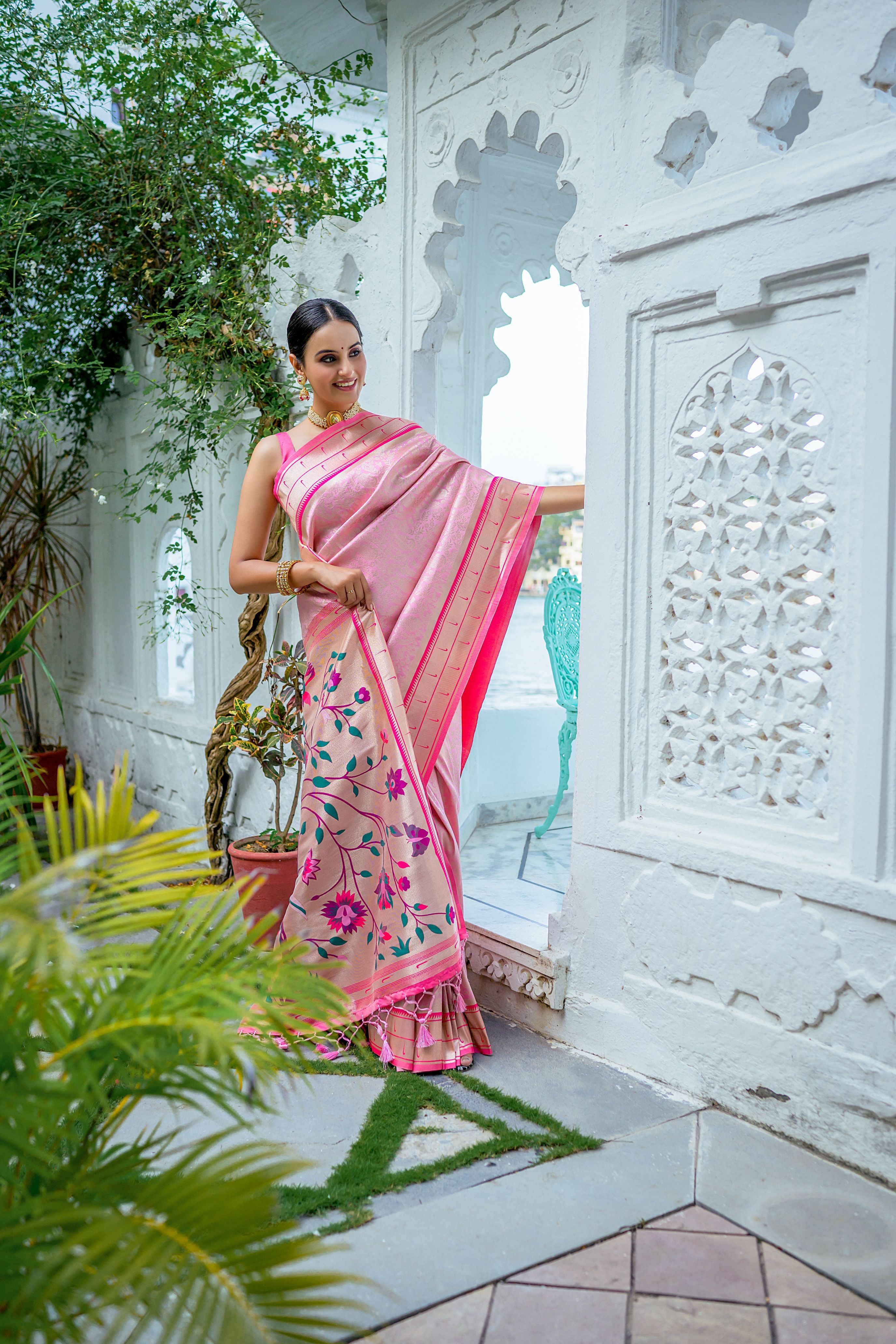 Vsaree Baby Pink Soft Kanjivaram Silk saree With Contrast Border And Rich Paithani Pallu With Blouse For Women