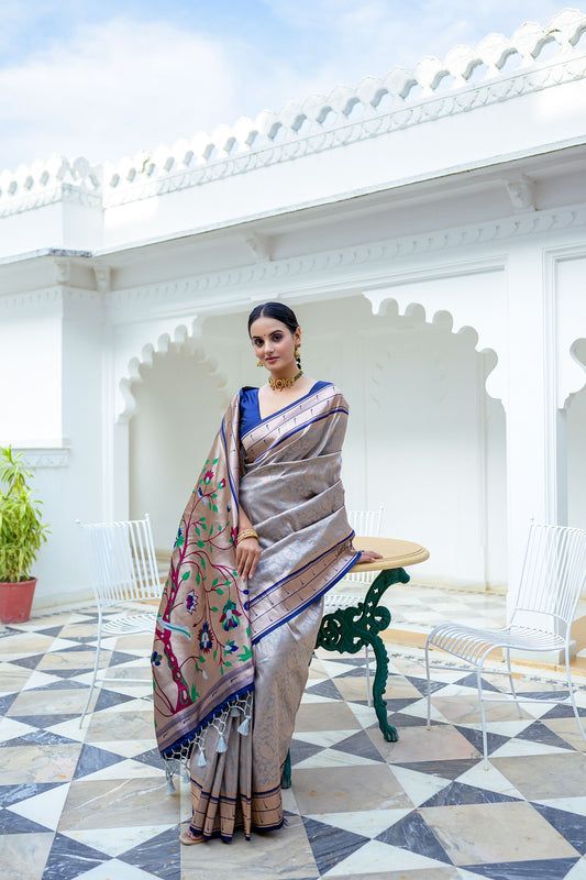 Vsaree Blue Soft Kanjivaram Silk saree With Contrast Border And Rich Paithani Pallu With Blouse For Women