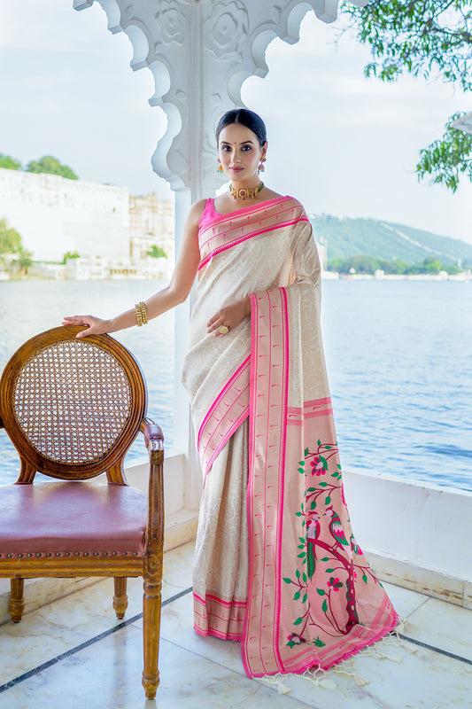 Vsaree Pink Soft Kanjivaram Silk saree With Contrast Border And Rich Paithani Pallu With Blouse For Women