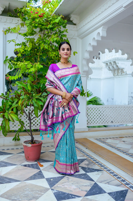 Vsaree Teal Soft Kanjivaram Silk saree With Contrast Border And Rich Paithani Pallu With Blouse For Women