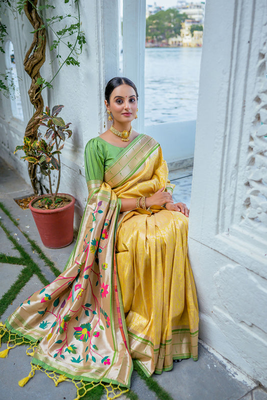 Vsaree Yellow Soft Kanjivaram Silk saree With Contrast Border And Rich Paithani Pallu With Blouse For Women